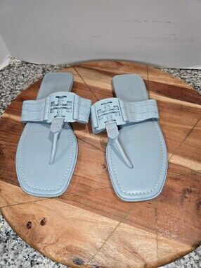 Tory Burch Crocodile Embossed Leather Slip-On Sandal Northern Blue Size 9